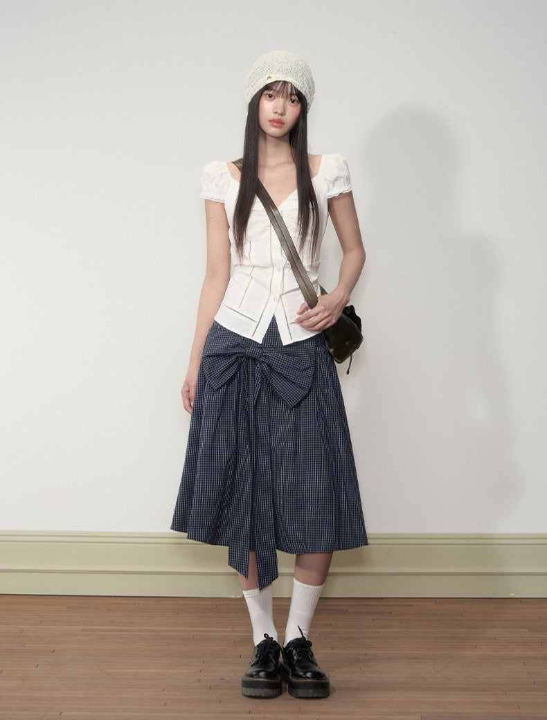 Navy Blue Plaid Bow Midi Skirt SOO0003