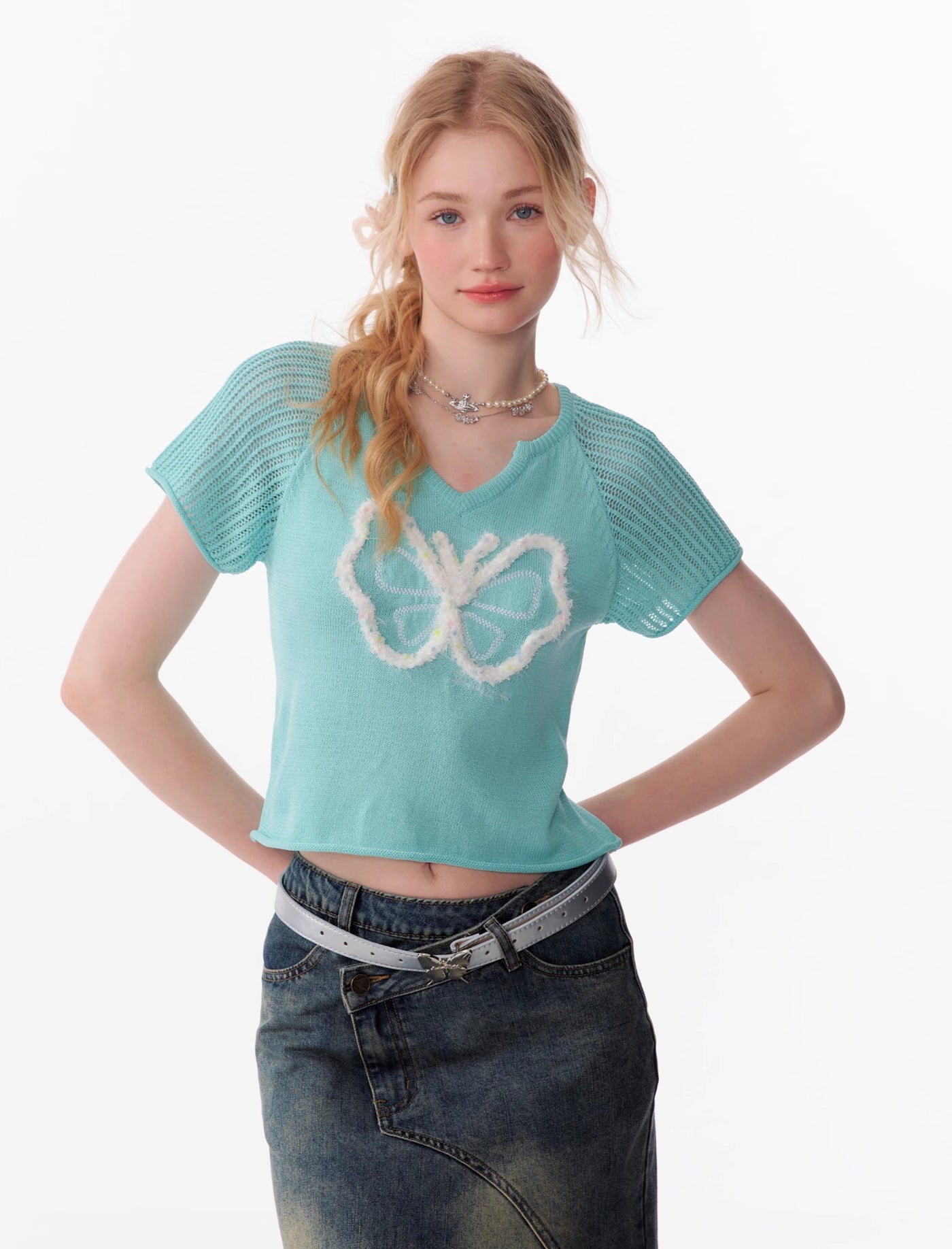 Three-dimensional Butterfly V-neck Short-sleeved Knit ZIZ0096