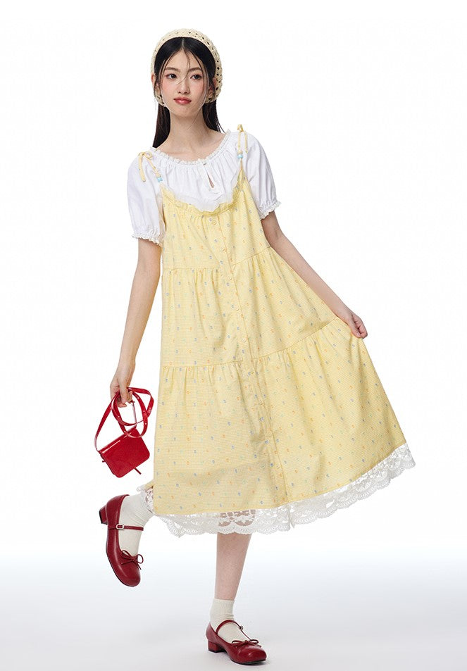 Yellow Dotted Open-front Loose A-line Suspender Dress/White Shirt NTO0090