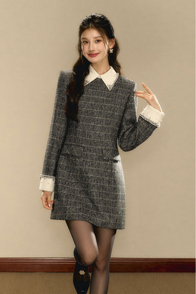 Check Wool Small Fragrance Waist Slim A-line Dress OSH0094