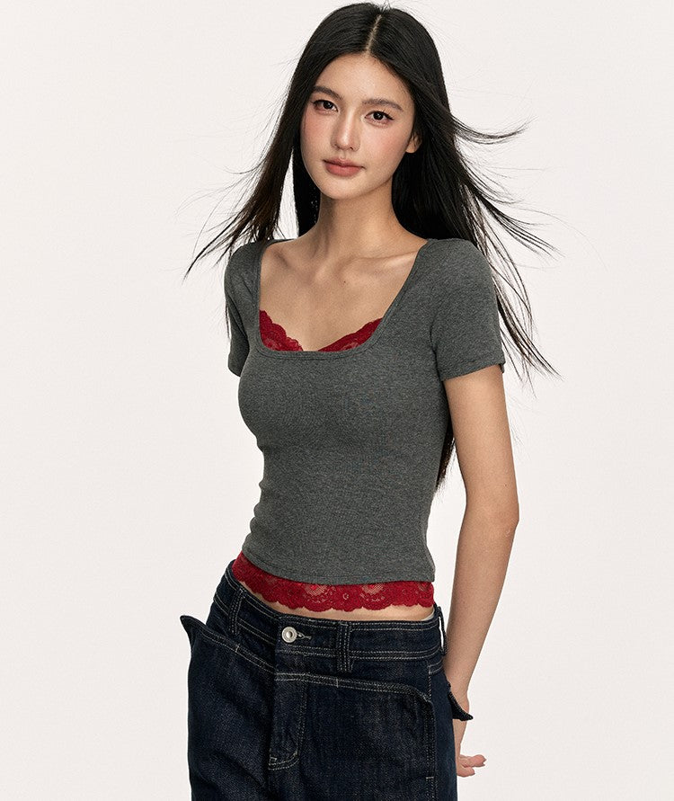 Lace Ribbed Fake Two-piece T-shirt ANA0005