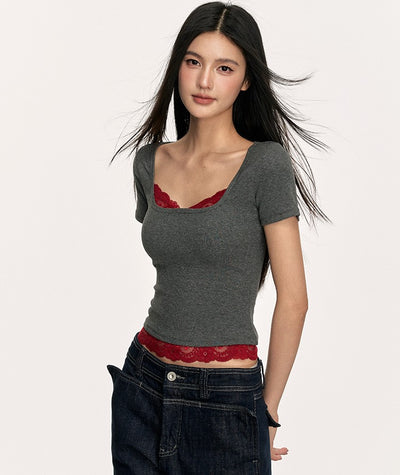 Lace Ribbed Fake Two-piece T-shirt ANA0005