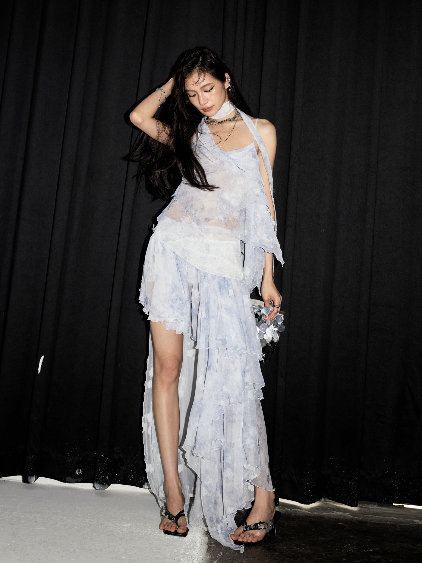 Water Blue Irregular Suspender Dress JNY0229