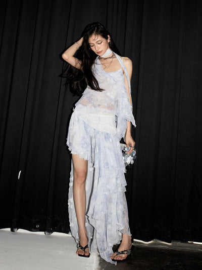 Water Blue Irregular Suspender Dress JNY0229