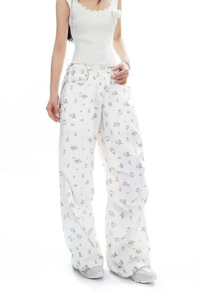 Floral Drawstring Loose Straight Versatile Wide-leg Pants APE0314