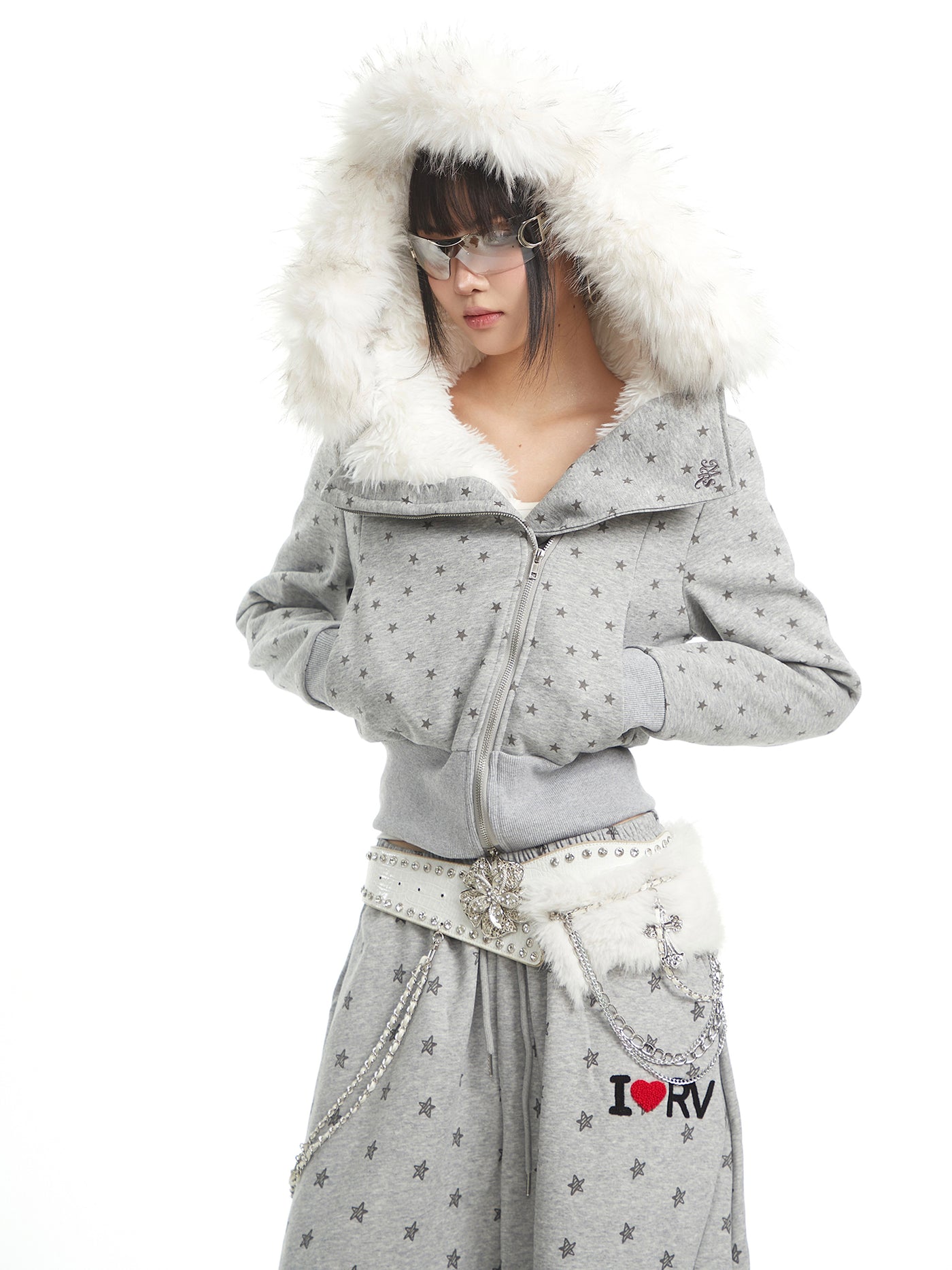 Full Star Design Fur-collar Hooded Jacket UNC0329