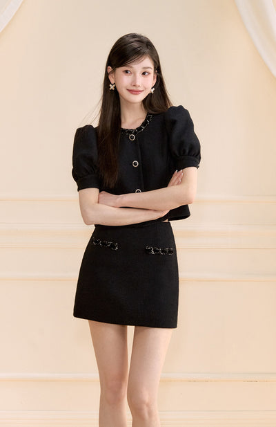 Black Puff Sleeves Short Jacket/Skirt OSH0148