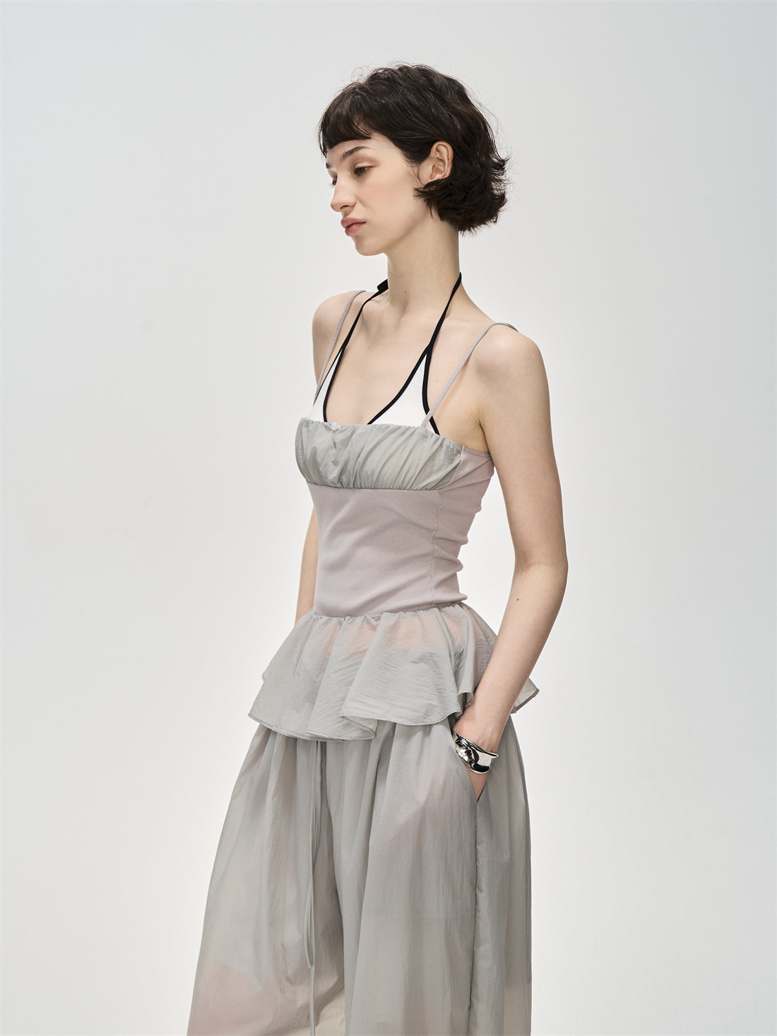 Translucent Pleated Loose Drawstring Pants CUR0231
