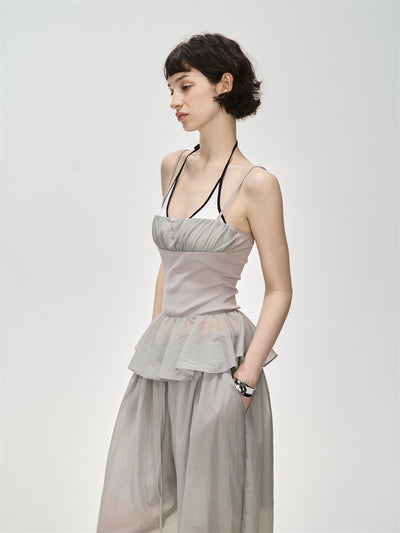 Translucent Pleated Loose Drawstring Pants CUR0231