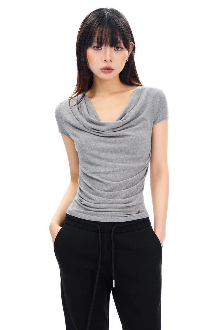 Swing Collar Waist Pleated Short Sleeve T-shirt APE0307