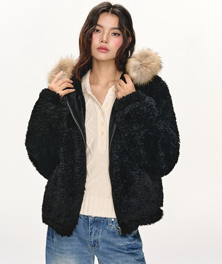 Fur Collar Black Hooded Jacket ANA0108