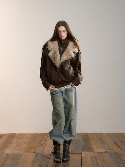 Loose-fitting Faux Two-Piece Fur Collar Jacket VIA0353