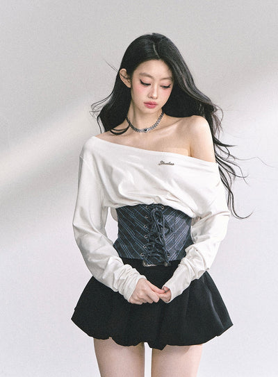 Oblique Shoulder Loose T-shirt DIA0544