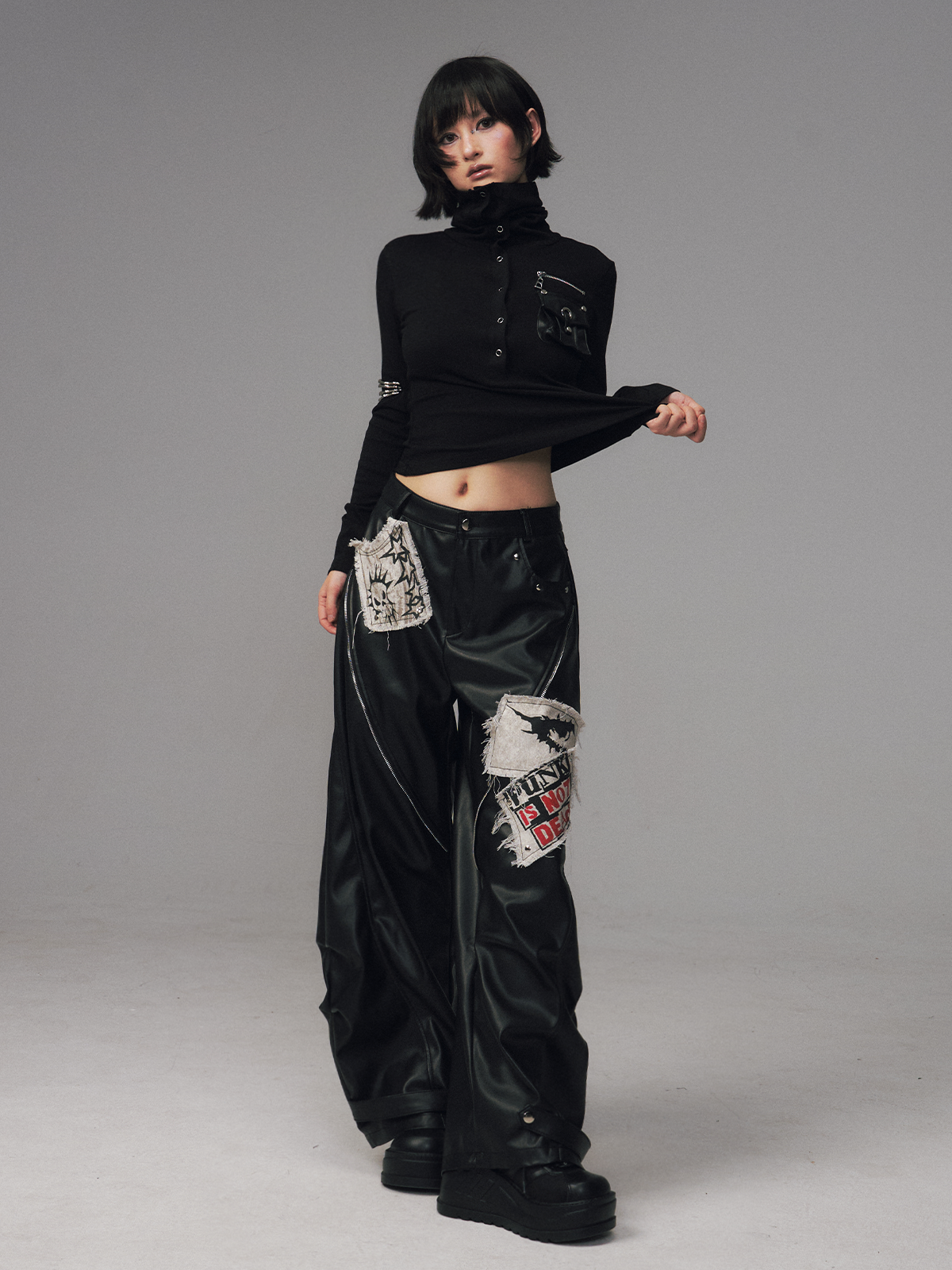 Punk Rock Zipper Split Print Leather Pants FRU0122