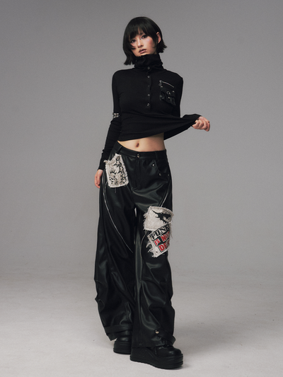 Punk Rock Zipper Split Print Leather Pants FRU0122