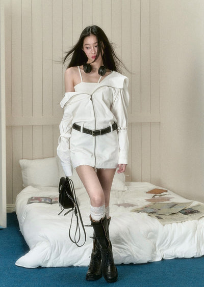 Large Lapel Hooded Medium-length Shirt Dress VIA0148