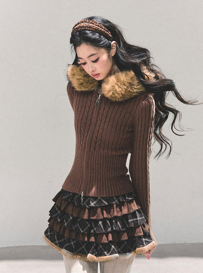 Fur Hooded Knitted Cardigan DIA0686