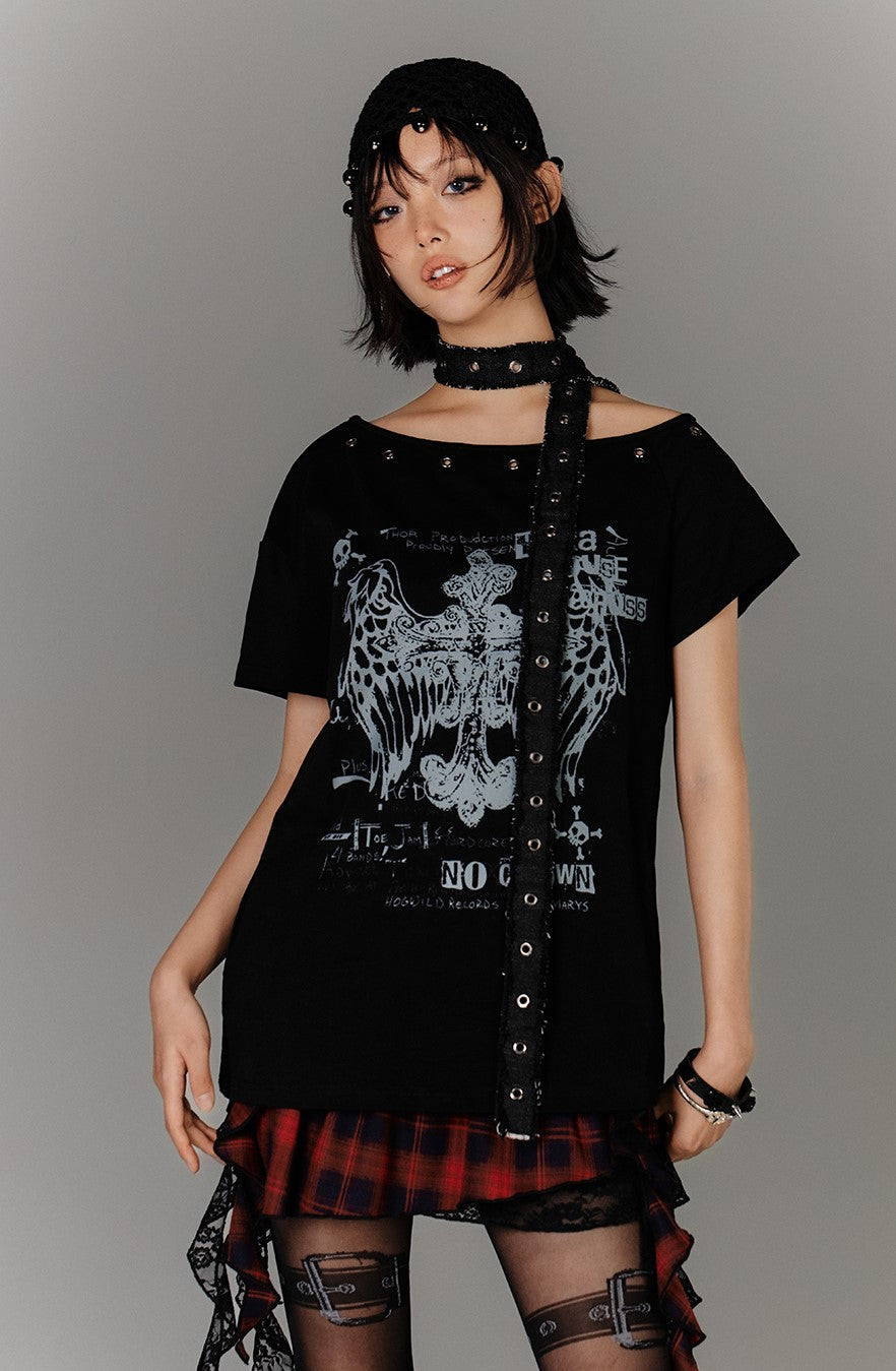 Belt Off-shoulder Subculture T-shirt KIN0135