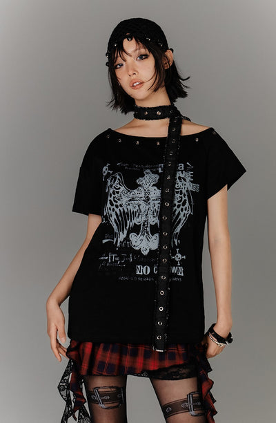 Belt Off-shoulder Subculture T-shirt KIN0135