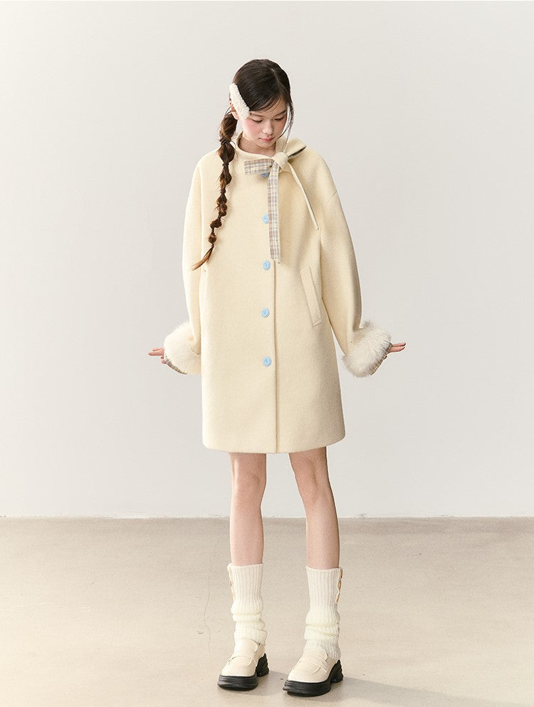 Bow Tie Plaid Patchwork Wool Coat NTO0244