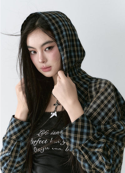 Washed Distressed Hooded Plaid Shirt VIA0166