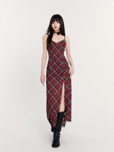 Red Plaid Slit Lace Backless Suspender Dress VOC0224