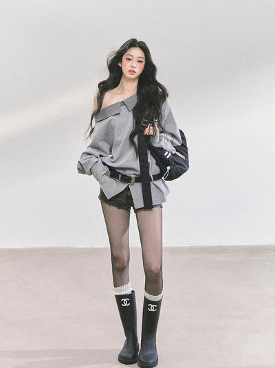 Oblique Shoulder Plaid Sweatshirt DIA0585