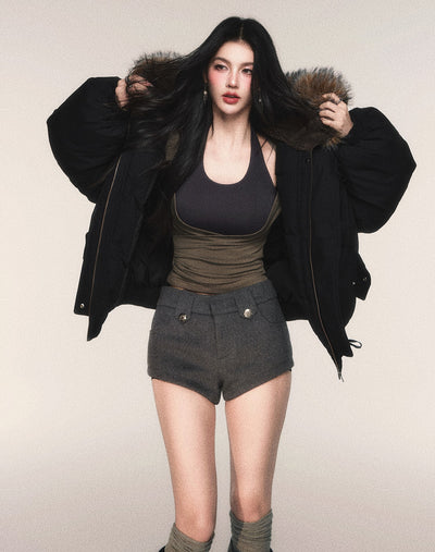 Black Hooded Large Fur Collar Down Jacket LUL0213