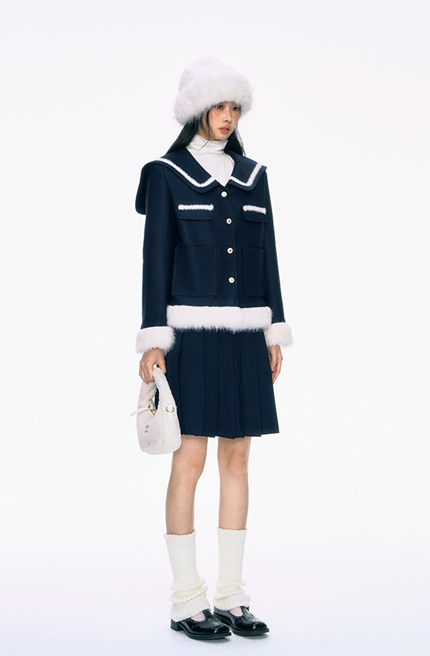 Navy Blue Large Collar Fur Cotton Jacket/Pleated Skirt PUN0038