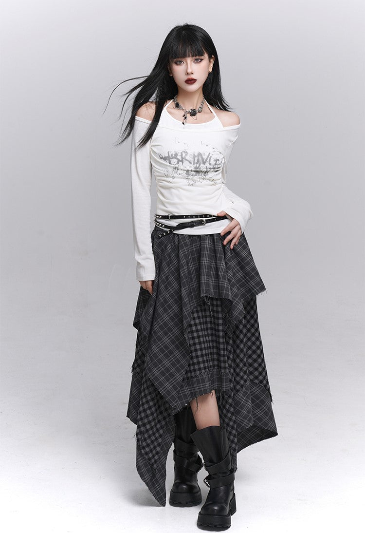 Irregular Hem Plaid Midi Skirt LAD0227