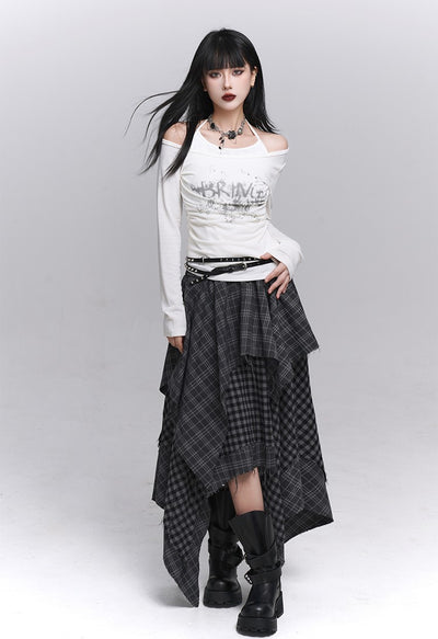 Irregular Hem Plaid Midi Skirt LAD0227