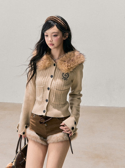 Detachable Fur Collar Knitted Cardigan DIA0766