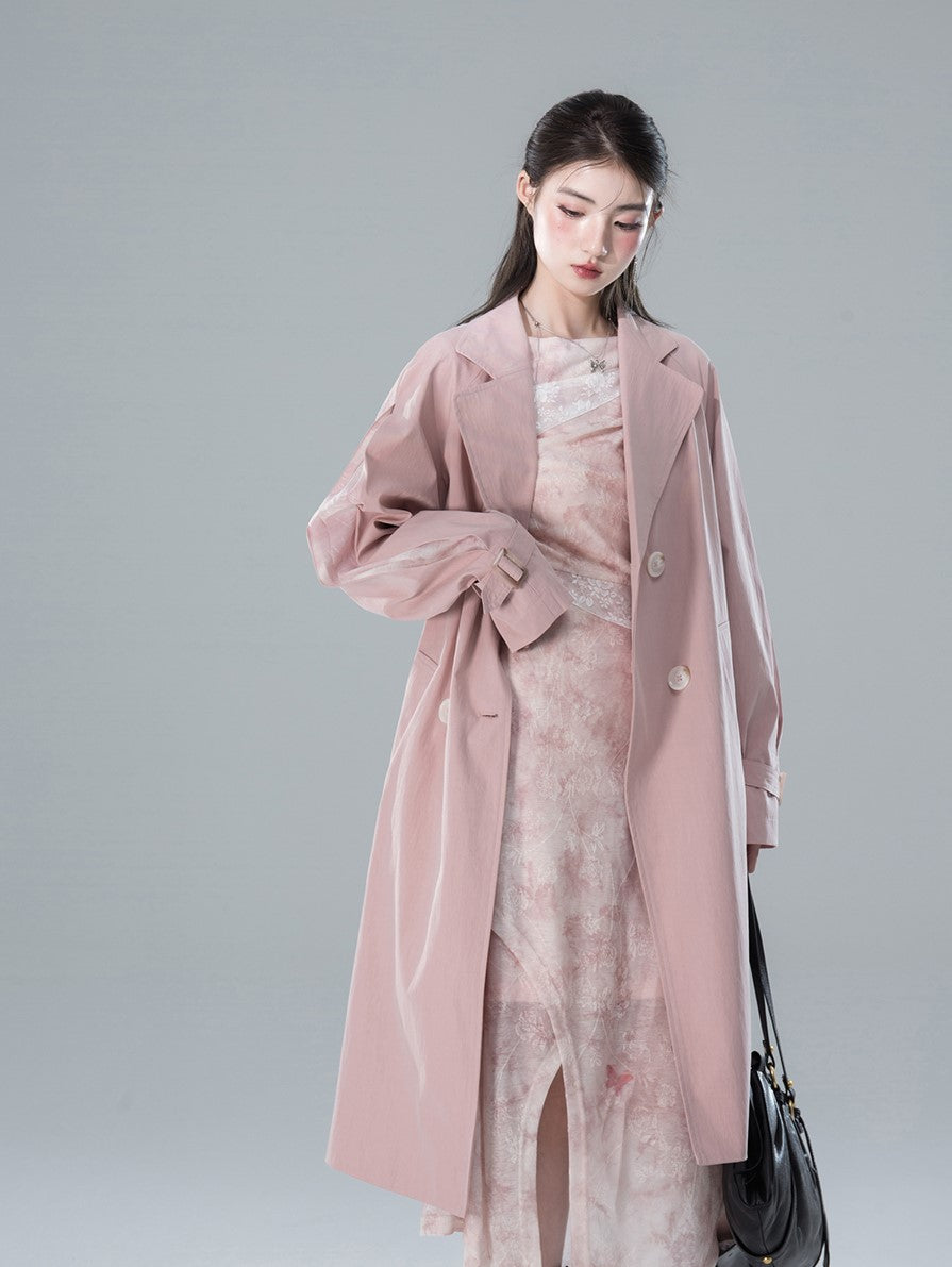 High-sense Lady Extraordinary Pink Patchwork Raglan Sleeve Trench Coat COT0155