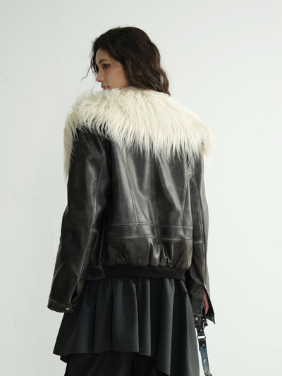 Dark Retro Rock Fur Collar Fake Two-piece Layered Rubbed Color Leather Jacket JNY0192