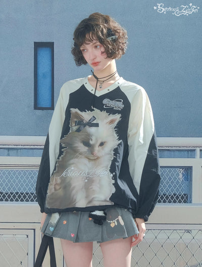 Cat Print Sports Style V-neck Sweatshirt ZIZ0298