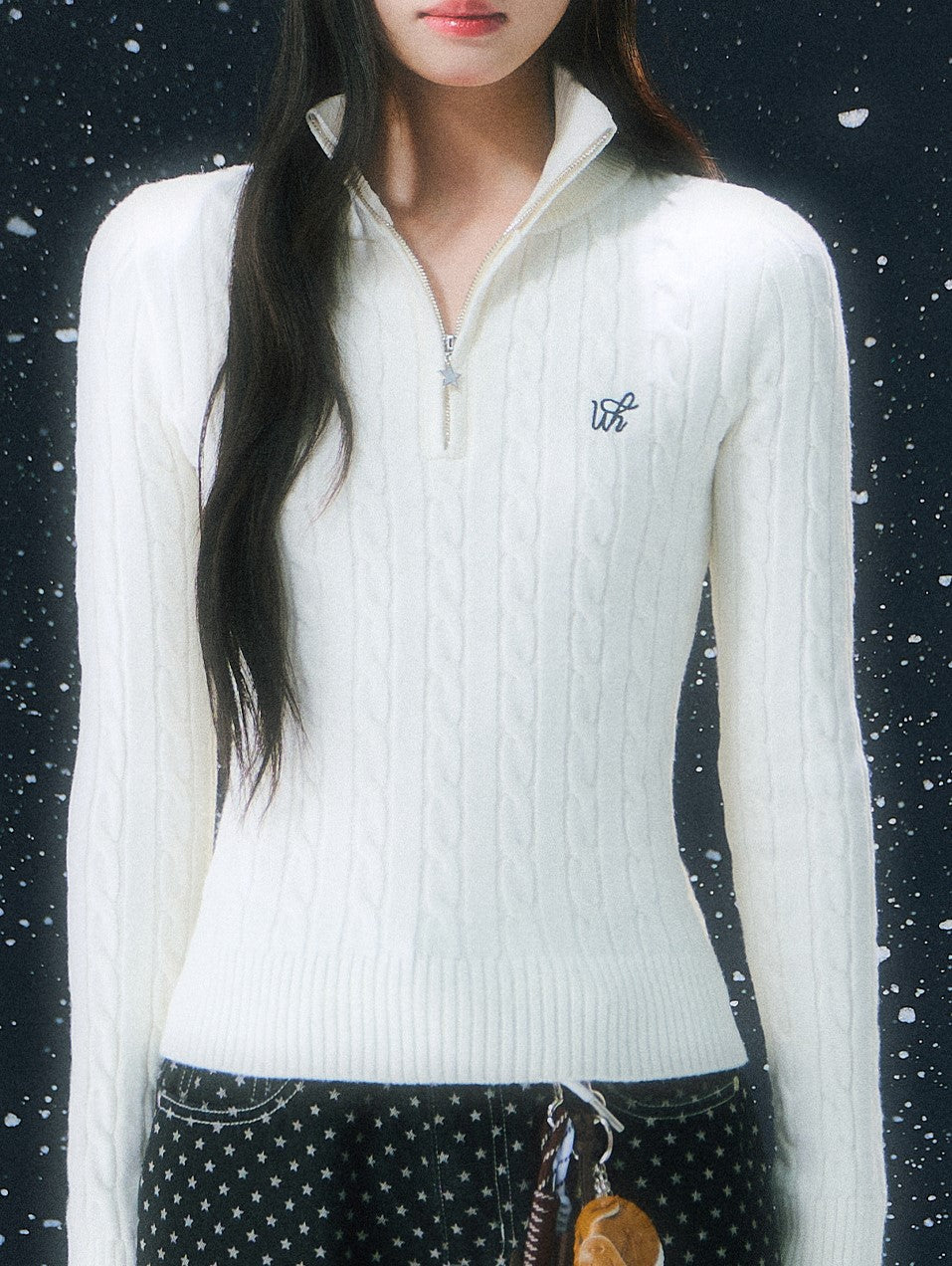 White Half-zip Cable Knit Sweater WEE0109