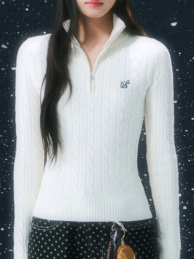 White Half-zip Cable Knit Sweater WEE0109