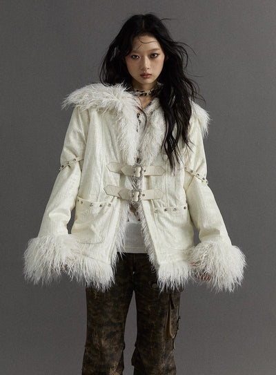 Romantic White Lapel Stitching Long Fur Jacket NOR0105