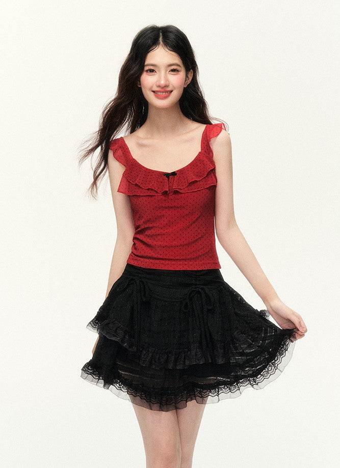 Double-layer Red Lace Butterfly Slim Polka Dot Top NTO0094