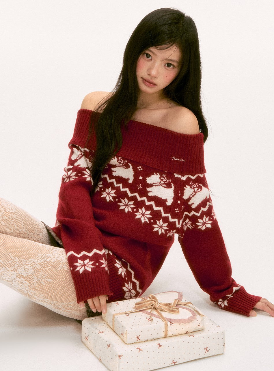 Red Nordic Design Off-Shoulder Sweater WEE0120