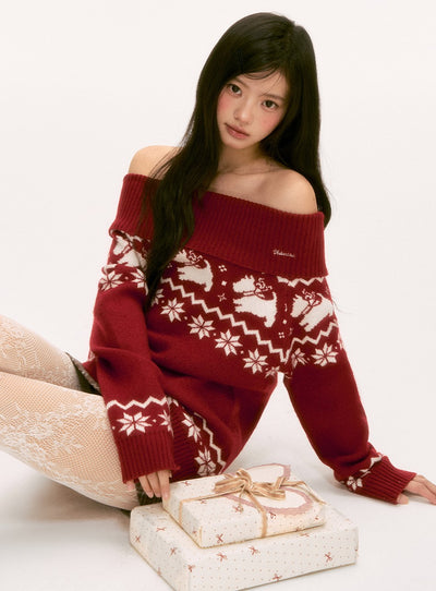 Red Nordic Design Off-Shoulder Sweater WEE0120