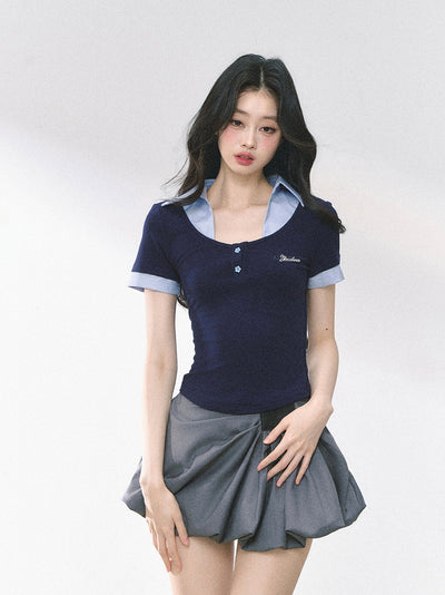 Fake Two-piece Flower Button T-shirt DIA0460