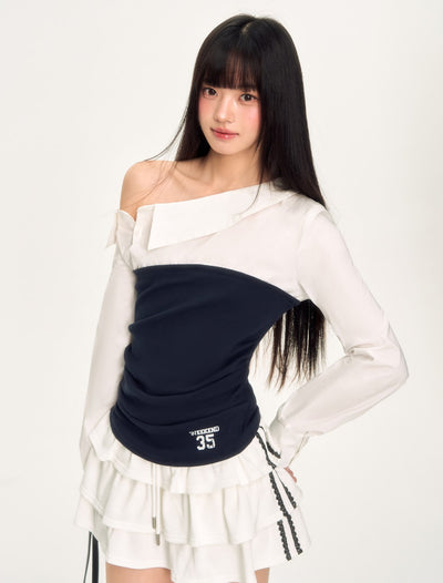 Stitching Oblique Shoulder Shirt WEE0035