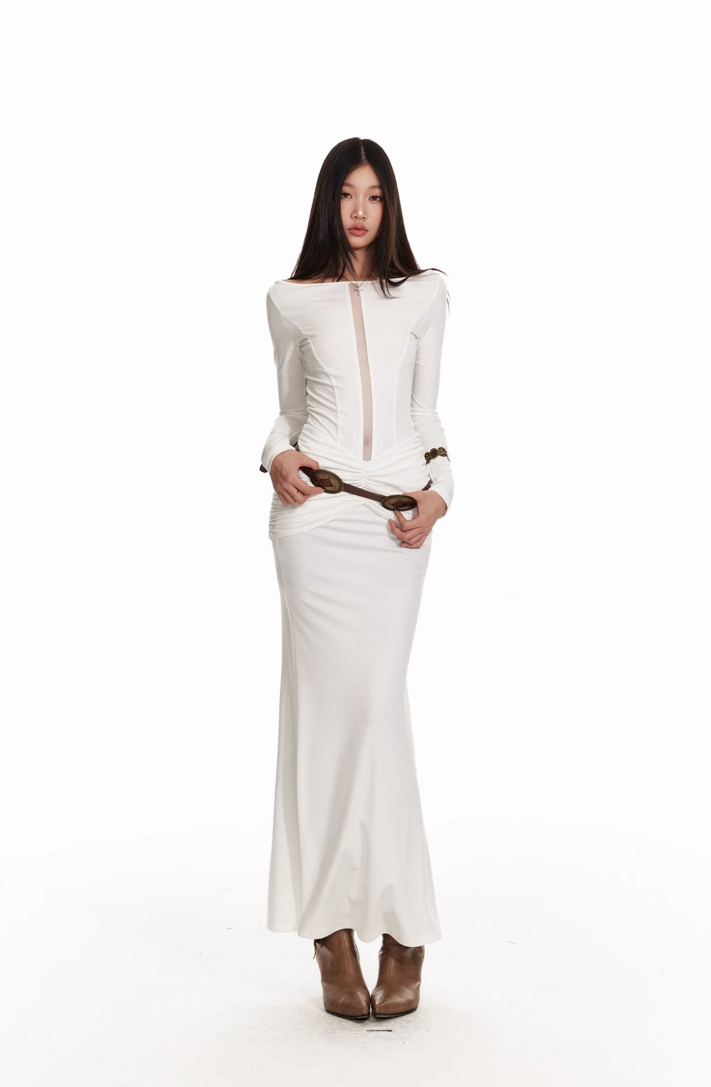 White Church Style Pleated Waist Slim Long Dress/Shawl 4MU0063