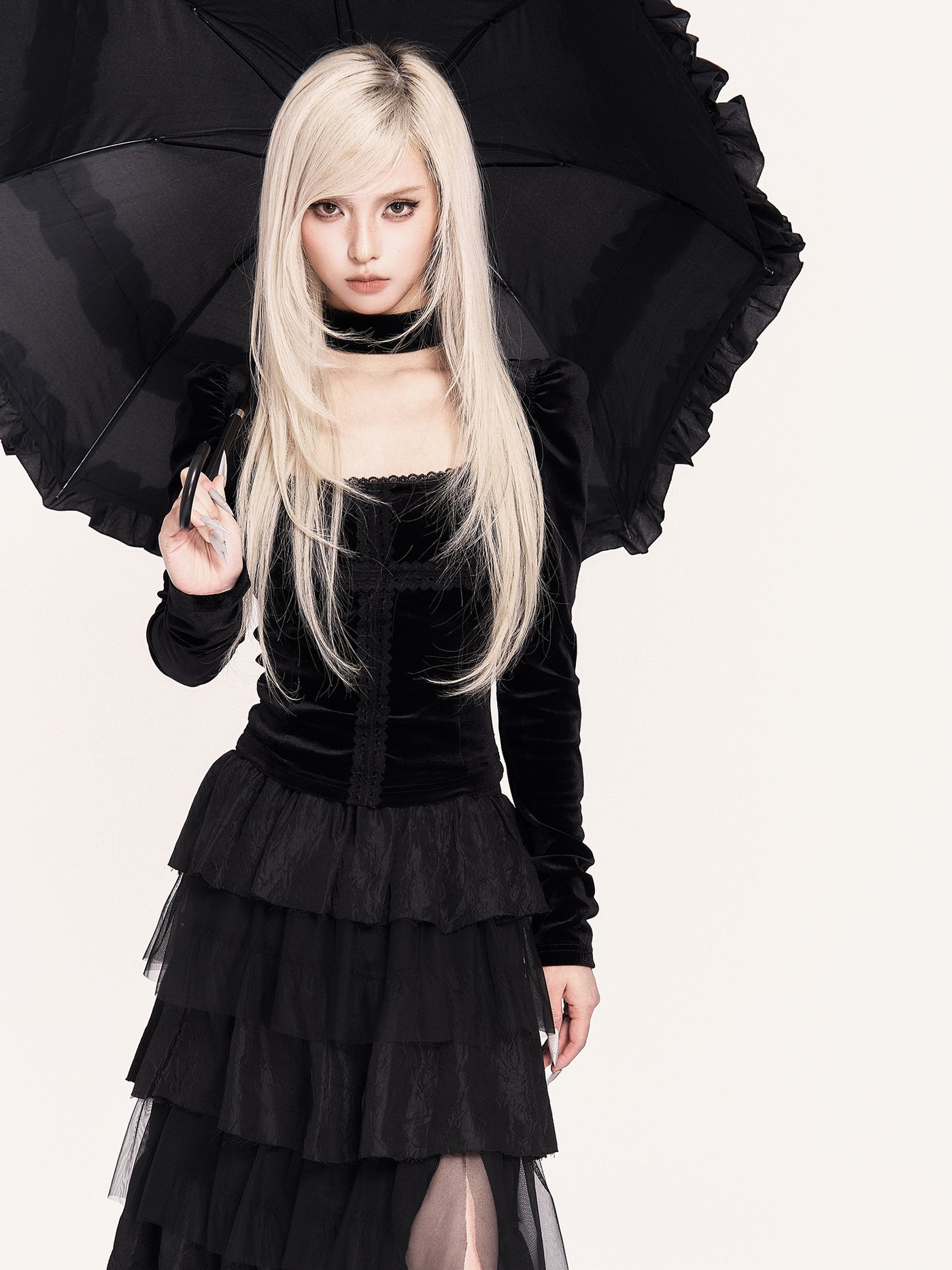 Gothic Lace Patchwork Cross Puff Sleeve Shirt VOC0465