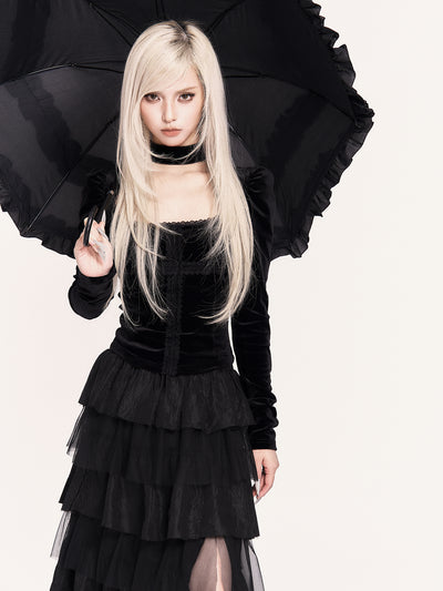 Gothic Lace Patchwork Cross Puff Sleeve Shirt VOC0465
