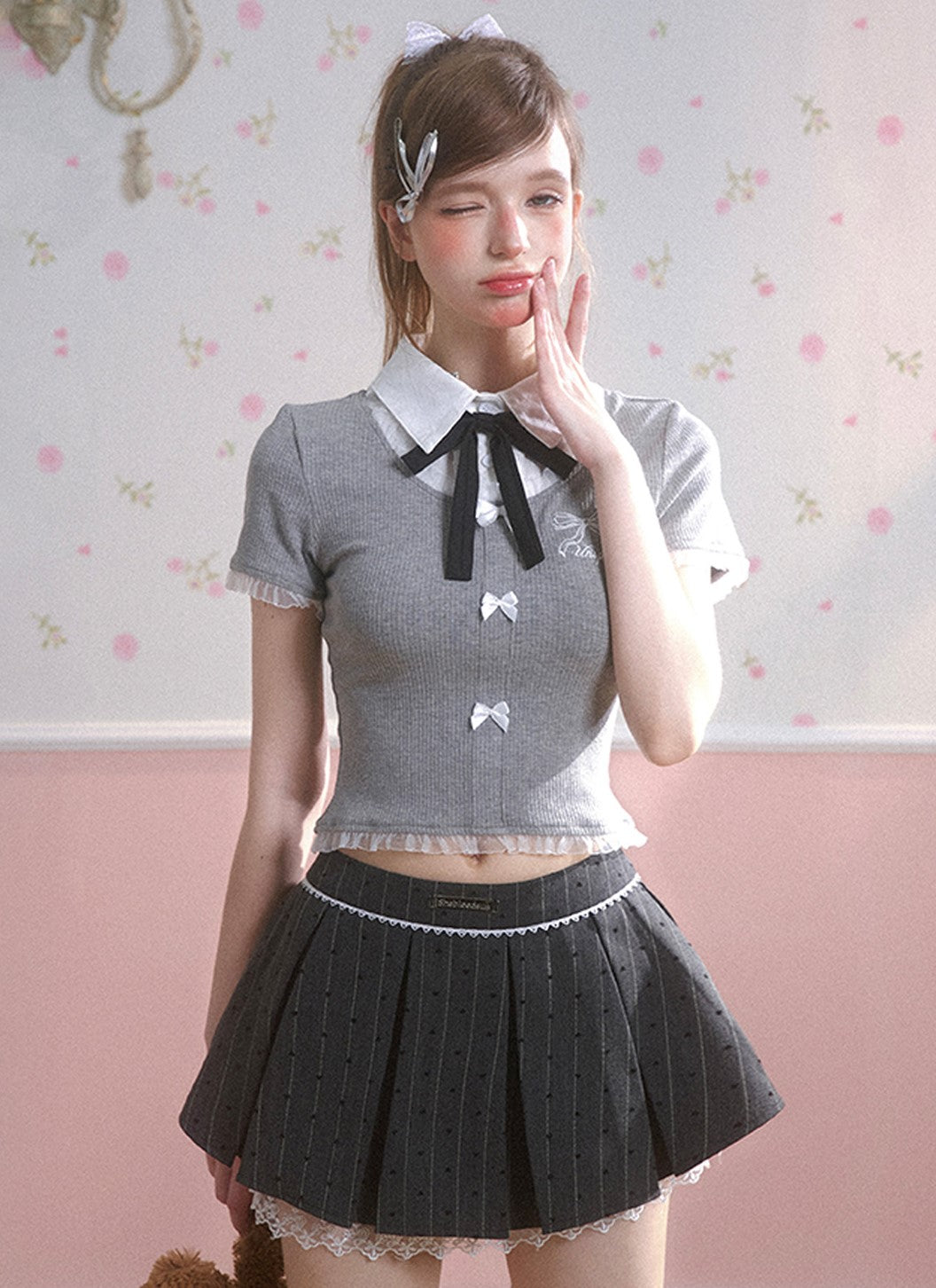 A-line Pleated Gray Skirt DIA0130