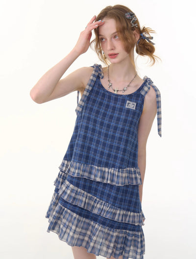 Retro Irregular Hem Blue Plaid Suspender Dress ZIZ0289