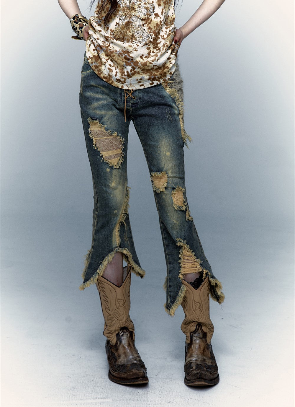 Retro Punk Patchwork Lace Ripped Cropped Flared Jeans NOR0069