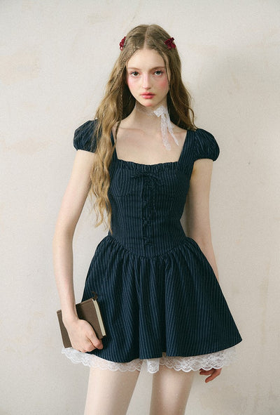 Puff Sleeve Strappy Bow Lace Striped Dress GRO0060